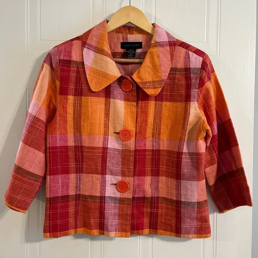 100% LINEN PLAID BLAZER - SILKLAND SIZE MEDIUM